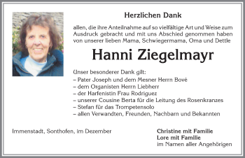 Traueranzeige von Hanni Ziegelmayr von Allgäuer Anzeigeblatt