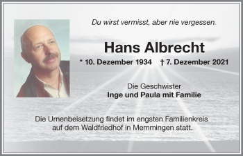 Traueranzeige von Hans Albrecht von Memminger Zeitung