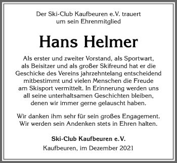 Traueranzeige von Hans Helmer von Allgäuer Zeitung, Kaufbeuren/Buchloe