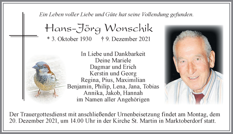  Traueranzeige für Hans-Jörg Wonschik vom 17.12.2021 aus Allgäuer Zeitung, Marktoberdorf