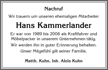 Traueranzeige von Hans Kammerlander von Allgäuer Zeitung, Füssen