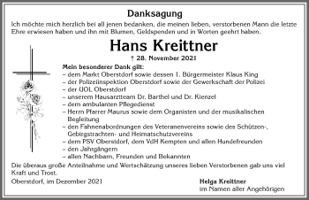 Traueranzeige von Hans Kreittner von Allgäuer Anzeigeblatt