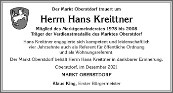 Traueranzeige von Hans Kreittner von Allgäuer Anzeigeblatt