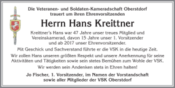 Traueranzeige von Hans Kreittner von Allgäuer Anzeigeblatt