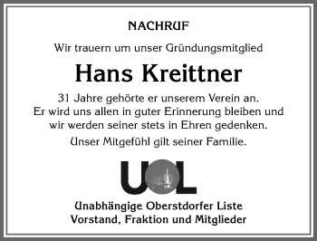Traueranzeige von Hans Kreittner von Allgäuer Anzeigeblatt