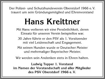 Traueranzeige von Hans Kreittner von Allgäuer Anzeigeblatt