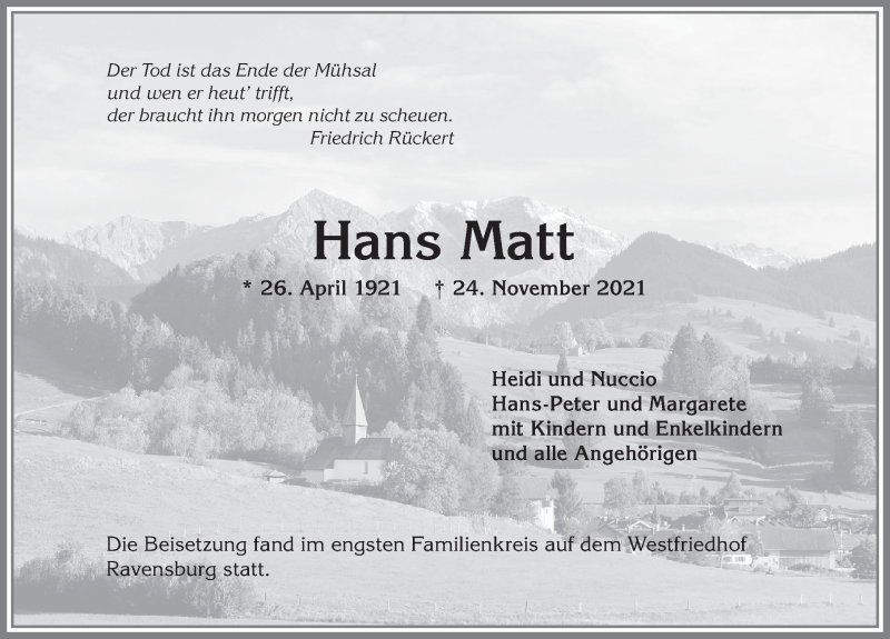  Traueranzeige für Hans Matt vom 04.12.2021 aus Allgäuer Anzeigeblatt