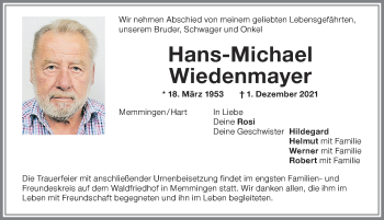 Traueranzeige von Hans-Michael Wiedenmayer von Memminger Zeitung