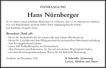 Traueranzeige von Hans Nürnberger von Der Westallgäuer