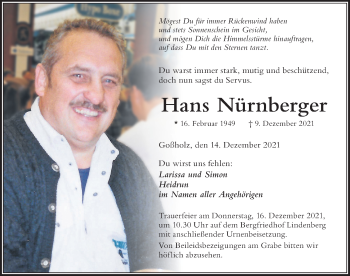 Traueranzeige von Hans Nürnberger von Der Westallgäuer