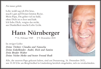 Traueranzeige von Hans Nürnberger von Der Westallgäuer