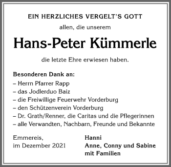 Traueranzeige von Hans-Peter Kümmerle von Allgäuer Anzeigeblatt