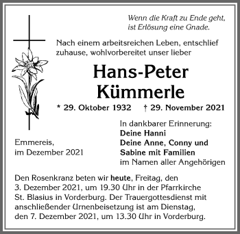 Traueranzeige von Hans-Peter Kümmerle von Allgäuer Anzeigeblatt
