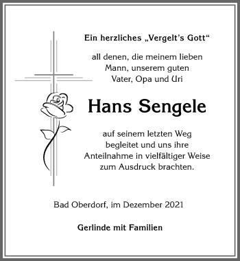 Traueranzeige von Hans Sengele von Allgäuer Anzeigeblatt