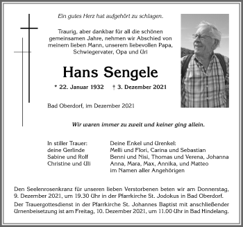 Traueranzeige von Hans Sengele von Allgäuer Anzeigeblatt