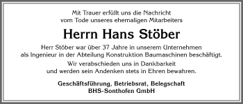 Traueranzeige von Hans Stöber von Allgäuer Anzeigeblatt