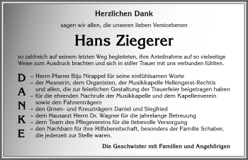 Traueranzeige von Hans Ziegerer von Allgäuer Zeitung,Kempten