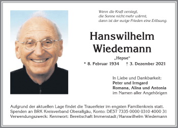 Traueranzeige von Hanswilhelm Wiedemann von Allgäuer Anzeigeblatt