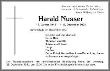 Traueranzeige von Harald Nusser von Allgäuer Anzeigeblatt