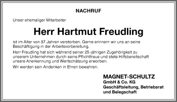 Traueranzeige von Hartmut Freudling von Memminger Zeitung