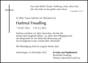 Traueranzeige von Hartmut Freudling von Memminger Zeitung
