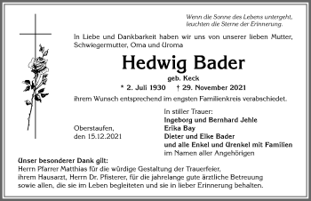 Traueranzeige von Hedwig Bader von Allgäuer Anzeigeblatt