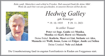 Traueranzeige von Hedwig Galley von Allgäuer Zeitung, Füssen