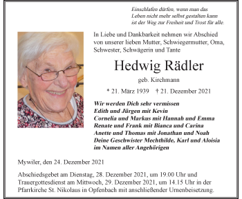 Traueranzeige von Hedwig Rädler von Der Westallgäuer