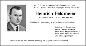 Traueranzeige von Heinrich Feldmeier von Allgäuer Zeitung, Kaufbeuren/Buchloe