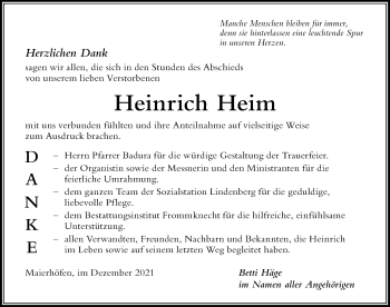Traueranzeige von Heinrich Heim von Der Westallgäuer