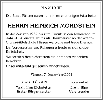 Traueranzeige von Heinrich Mordstein von Allgäuer Zeitung, Füssen