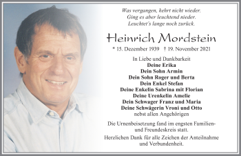 Traueranzeige von Heinrich Mordstein von Allgäuer Zeitung, Füssen