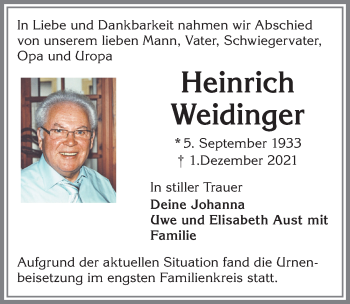 Traueranzeige von Heinrich Weidinger von Allgäuer Zeitung,Kempten