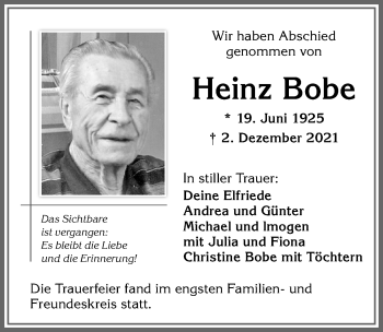 Traueranzeige von Heinz Bobe von Allgäuer Zeitung,Kempten