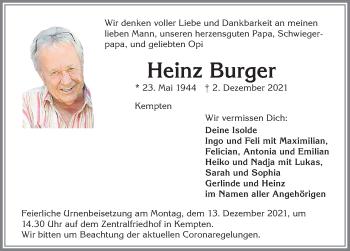 Traueranzeige von Heinz Burger von Allgäuer Zeitung,Kempten