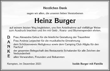 Traueranzeige von Heinz Burger von Allgäuer Zeitung,Kempten