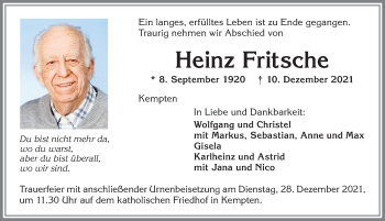 Traueranzeige von Heinz Fritsche von Allgäuer Zeitung,Kempten