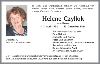 Traueranzeige von Helene Czyllok von Allgäuer Anzeigeblatt
