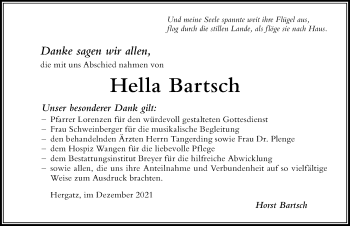 Traueranzeige von Hella Bartsch von Der Westallgäuer
