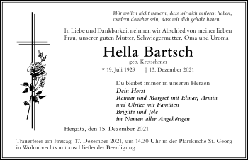Traueranzeige von Hella Bartsch von Der Westallgäuer