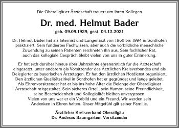 Traueranzeige von Helmut Bader von Allgäuer Anzeigeblatt
