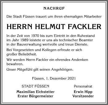 Traueranzeige von Helmut Fackler von Allgäuer Zeitung, Füssen