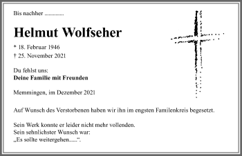Traueranzeige von Helmut Wolfseher von Memminger Zeitung