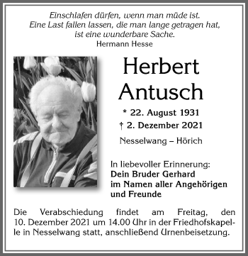 Traueranzeige von Herbert Antusch von Allgäuer Zeitung,Kempten
