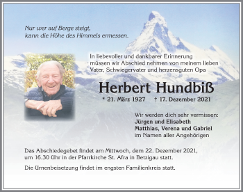 Traueranzeige von Herbert Hundbiß von Allgäuer Zeitung,Kempten