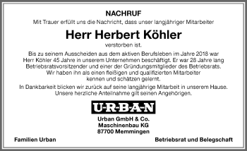 Traueranzeige von Herbert Köhler von Memminger Zeitung