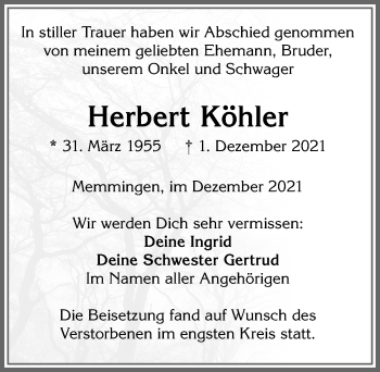 Traueranzeige von Herbert Köhler von Memminger Zeitung