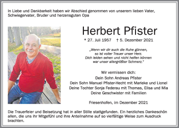 Traueranzeige von Herbert Pfister von Allgäuer Zeitung,Kempten