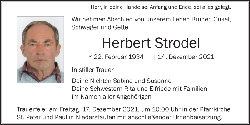  Traueranzeige für Herbert Strodel vom 16.12.2021 aus Der Westallgäuer
