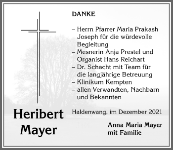 Traueranzeige von Heribert Mayer von Allgäuer Zeitung,Kempten